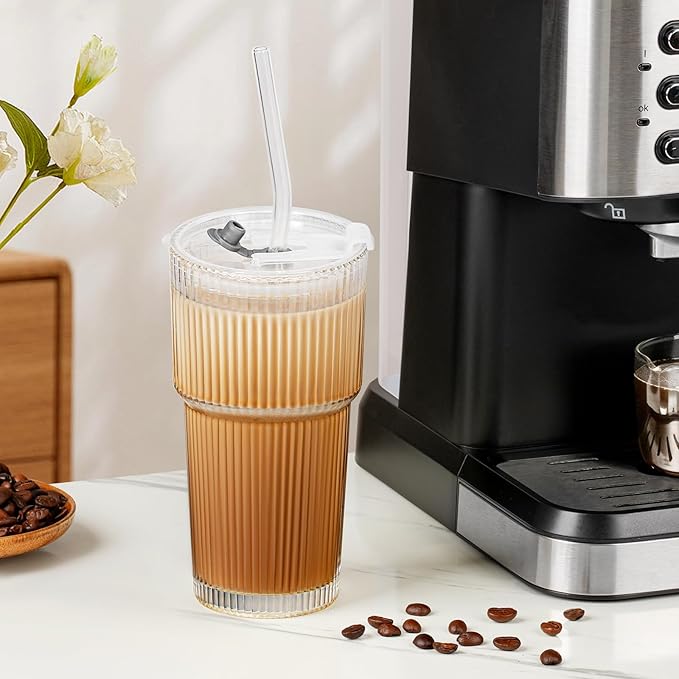 6 Pack 20 Oz Glass Cups with Lids and Straws Iced Coffee Cups Vintage Ribbed Glassware for Beer Ice Coffee Fruit Juice Elegant Aesthetic Cup Glass Iced Coffee Tumbler Include 3 Cleaning Brushes