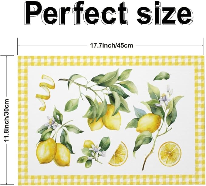 Lemon Placemats Set of 4 Washable Table Place Mats for Dining Kitchen Party Decor
