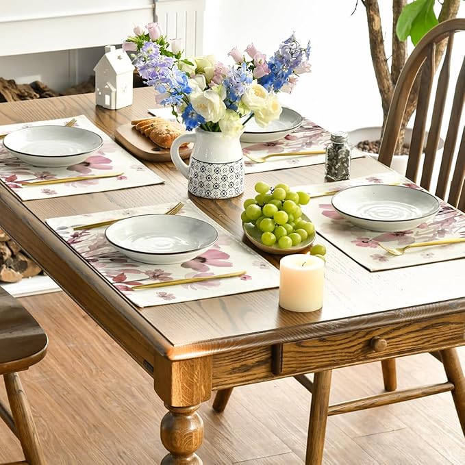 Artoid Mode Pink Florals Poppy Spring Placemats Set of 4, 12x18 Inch Seasonal Summer Holiday Table Mats for Party Kitchen Dining Decoration
