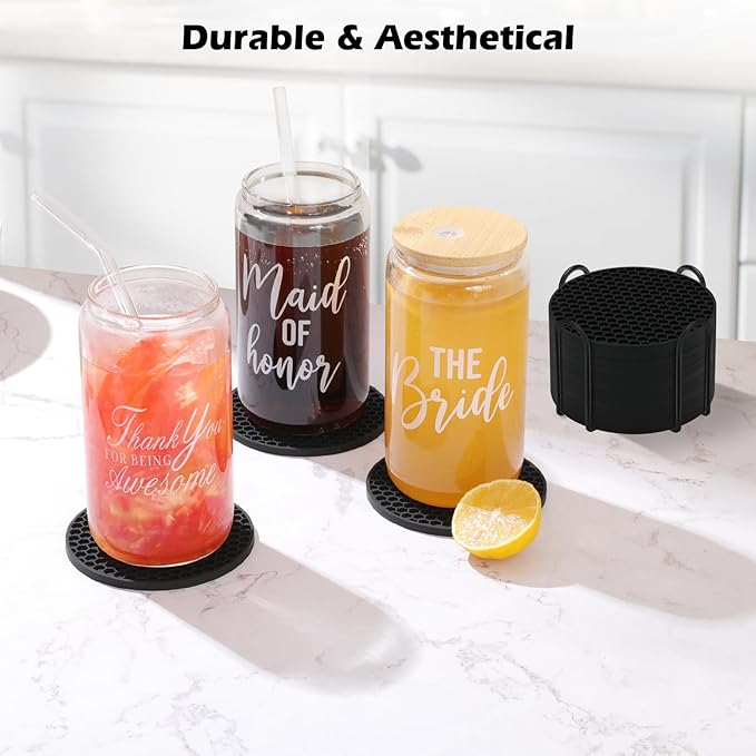 Silicone Coaster Set of 16 with Holder - Anti-Slip, Non-Stick, Anti-Overflow Tabletop Protection and Decor (Black, 16 Pcs)