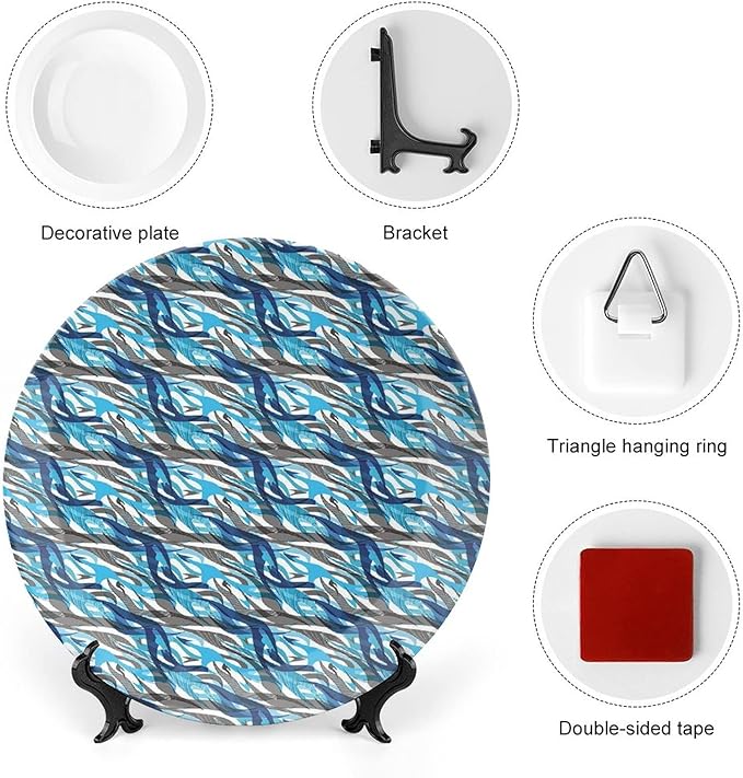 Ceramic Plates, Abstract Decorative Ceramic Plates, Modern Art Stripes Swirls Waves Trippy, 6 Inch, for Dining, Parties, Wedding, Grey Blue White