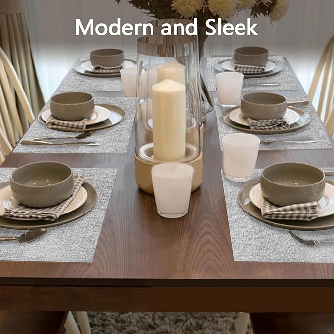 DACHUI Placemats Set of 4, Linen Look Woven Place Mats, Water Resistant, Heat Resistant, Washable, Durable Table Mats (Smoky Grey)