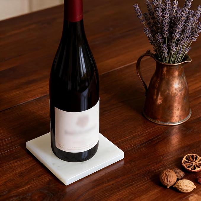 Natural Marble Coasters, Square Costers, Luxury Aesthetic Modern Decor for Coffee Table Bar Kitchen Home, White Marble, Real Natural Semi Absorbent Stone Coasters
