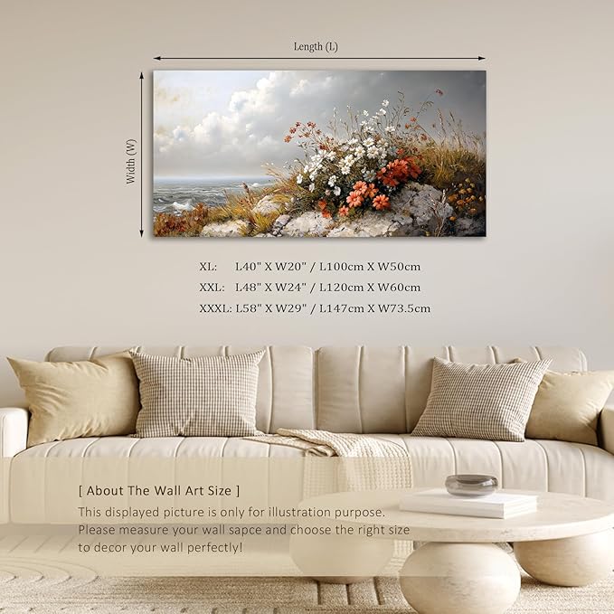 ADJUVANT Wall Art Vintage Coastal Floral Scene 48"L x 24"W, Seaside Wildflowers By The Ocean Canvas Painting Nature Artwork Coastal Blooms Prints Botanic Decor for Living Room Bedroom Bathroom Home Office