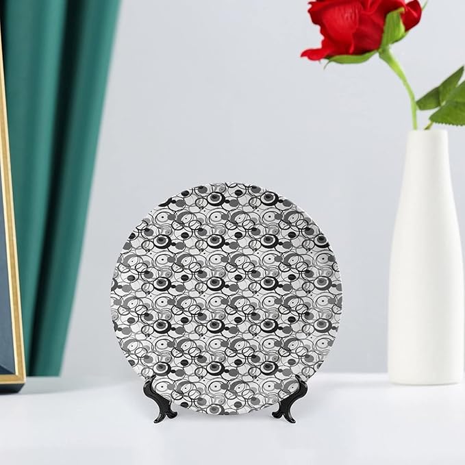 Ceramic Plates, Abstract Decorative Ceramic Plates, Monochrome Circles Dots Surreal Geometric Modern, 6 Inch, for Dining, Parties, Wedding, Grey Black White