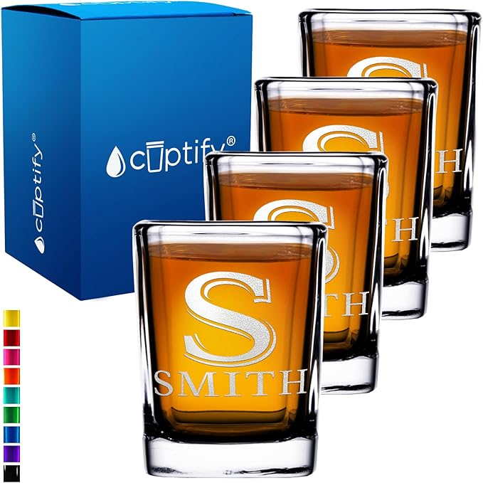 Personalized Shot Glasses Set of 4 Initial and Name 2oz Etched Square Shot Glass Engraved with Custom Text Birthday Gift for Men and Women
