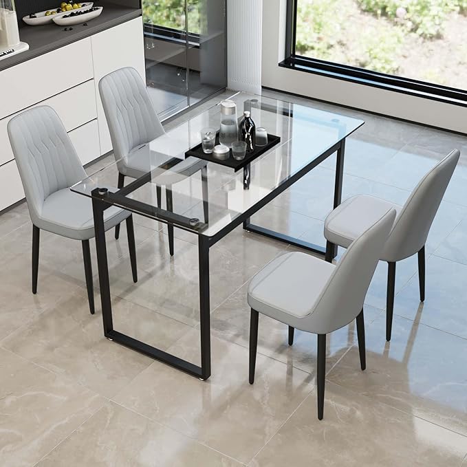 Modern Glass Dining Table Set for 4, Rectangular Kitchen Table Set, 5 Piece Dining Table Set with 1 Tempered Glass Table and 4 PU Dining Chairs for Dining Room, Kitchen,Office