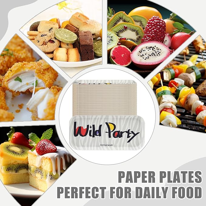 50 Pack 10.43 Inch Rectangle Paper Plates, Heavy Duty Disposable Plates Decorative Plates Party Plate Food Trays for Tacos, Dessert, Snack, Salad, Pasta, Camping Picnic Party (Zebra Stripe)