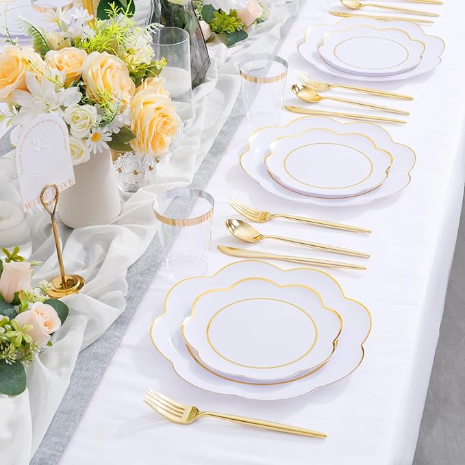 EI 180pcs White Plastic Plates with Gold Plastic Silverware,Heavy-Duty Disposable Plates for Party,White Dinnerware Set for 30 Guest Wedding,Afternoon Tea,Spring,Mother's/Valentine's Day
