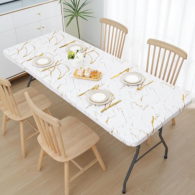 Smiry Rectangle Table Cloth Cover, Waterproof Elastic Fitted Picnic Tablecloth for 8 Foot Tables, Wipeable Flannel Backed Vinyl Tablecloths for Camping, Dining, Outdoor (White, 30" x 96")