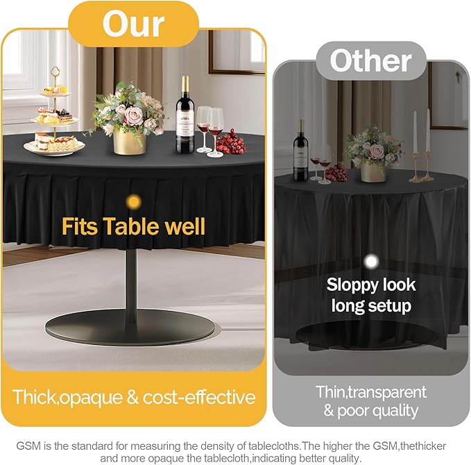 1 Pack Black Spandex Round Tablecloths for 72in Table, Stretchy Fitted 6FT Round Table Cloths, Wrinkle Free Table Cover with Skirt for Wedding Birthday Party Bridal Shower Banquet
