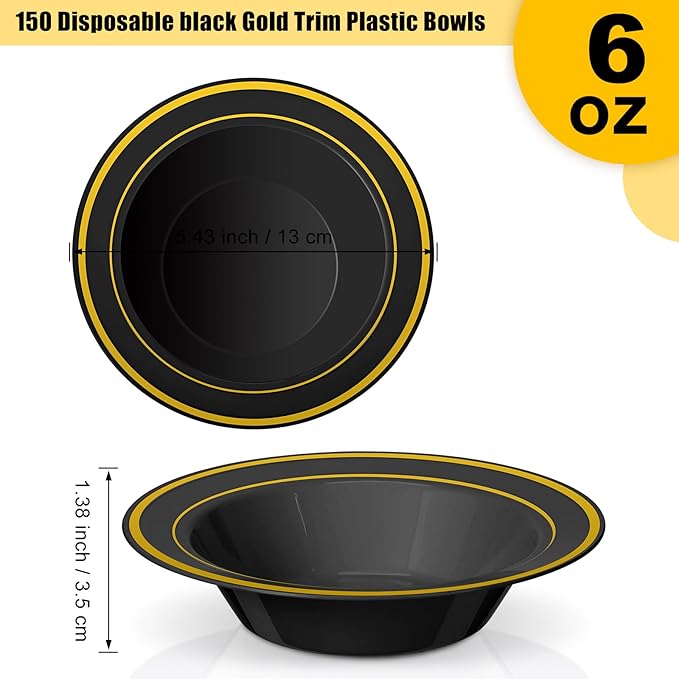 Jinei 150 Pieces 6 oz Plastic Bowls with Rim Small Disposable Soup Bowls for Dessert Salad Soup Candy Wedding Thanksgiving Catering Holidays Party Supplies (Black,Gold Rim)