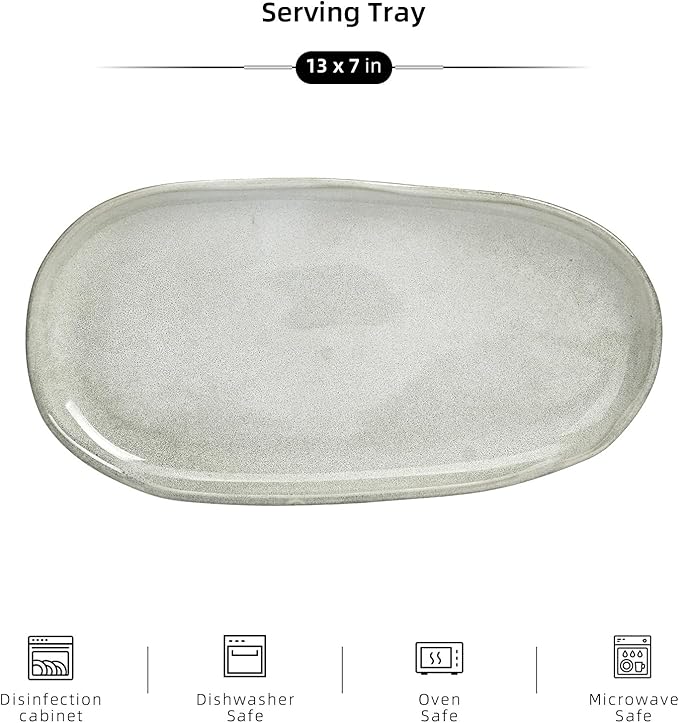 Organic Shape Highland Ceramic Serving Tray, 1pcs 13×7inch Handmade Reactive Glaze ceramic Tray with Wavy Edge, for Kitchen, Microwave & Dishwasher Safe, Scratch Resistant-grey