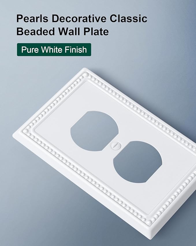 6-Pack Duplex Outlet Cover Plate, Pure White Metal Wall Plates for Electrical Outlets, 1 Gang Receptacle Light Switch Cover, Pearls Decorative Switch Plates and Outlet Covers