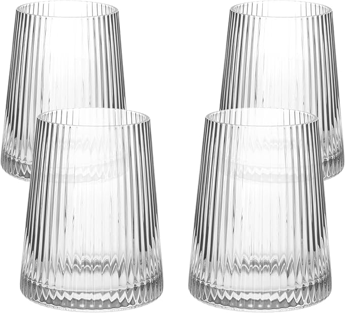 Crutello Modern Wine Glasses 12 oz Stemless, Set of 4, Unique Fluted Glassware with Vintage Ripple Texture, Art Deco Red or White Wine Fancy Glasses