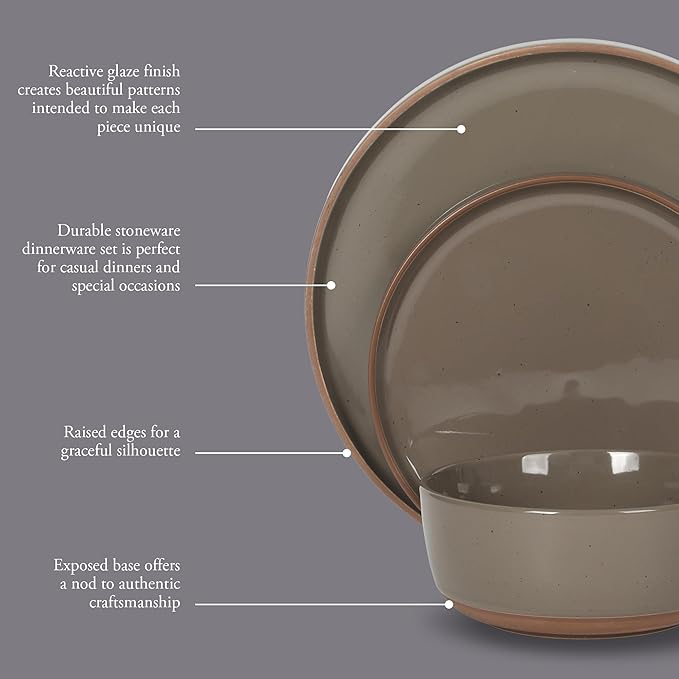 Gibson Elite Northrock Stoneware Dinnerware Set, 12-Piece Service for 4 Plates and Bowls Set – Gray Dishes with Hand-Painted Terracotta Base