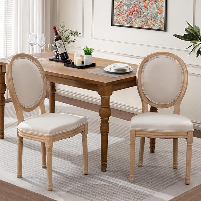 SoarFlash French Dining Chairs Set of 2, Vantage Dining Chair with Round Back, Wood Leg Farmhouse Country Dining Chair for Kitchen,Bedroom,Beige