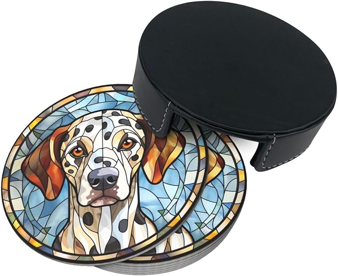 Drink Coaster Set of 6, Dalmatian Dog Mom Lover Gift,Leather Drink Coasters with Holder,6 Pack Cup/Bar/Drink Coasters for Table/Drinks/Coffee Protection Housewarming Gift