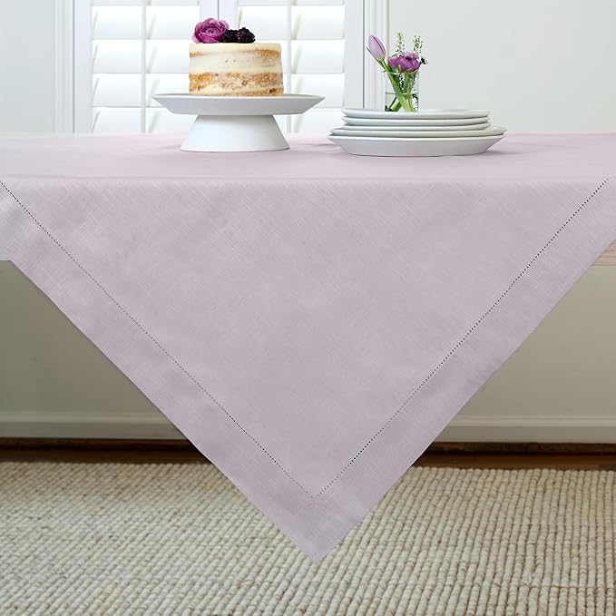 Solino Home Lilac Linen Tablecloth 52 x 52 Inch - 100% Pure Linen Square Table Throw - Classic Hemstitch, Machine Washable Table Cloth for Valentines, Spring, Easter