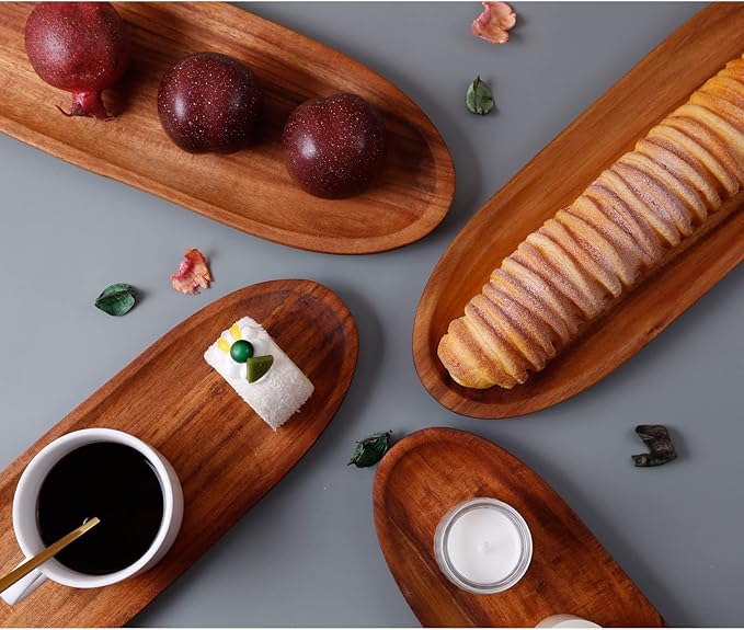 3PCS Heavy Wood Plates 16.5" Wooden Plates with Handl Reusable Dinner Plates Tableware Set of 3Acacia Solid Wood Plate Havry Wooden for Meat Steak Dessert Bread Unbreakable Classic Plate