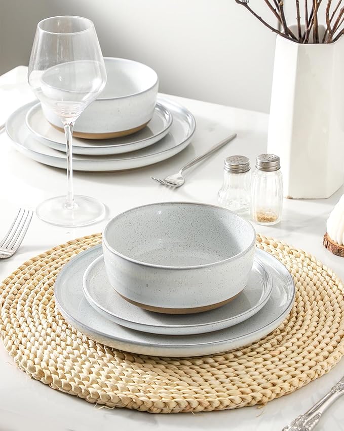 HASENSE Plates and Bowls Sets, 18 Pieces Porcelain Dishes Sets Service for 6, Stoneware Dinnerware Sets with Speckled Pattern, Scratch Resistant Microwave and Dishwasher Safe, Bluish White