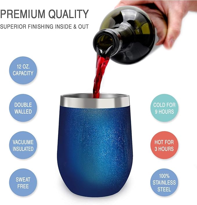 CHILLOUT LIFE 12 oz Stainless Steel Wine Tumblers 2 Pack & 1 Insulated Wine Bottle - Double Wall Vacuum Insulated Wine Glasses Cups with Lids and Straws Set Keeping Cold & Hot Gift Set