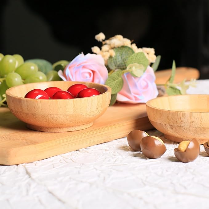 Bamboo Snack Bowls, Small Low Serving Bowls for Charcuterie/Fruit/Candy, 3.4 oz Handmade Dipping Bowl for Spice/Salsa/Tomato Sauce, Farmhouse Wooden Ramekins for Kitchen Set of 2