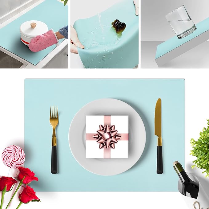 IYYI Silicone Placemats, Placemats Set of 4, Kids Place Mats, Waterproof Table Mat, Heat Resistant Non-slipTable Mats for Dining Table (Light Blue)