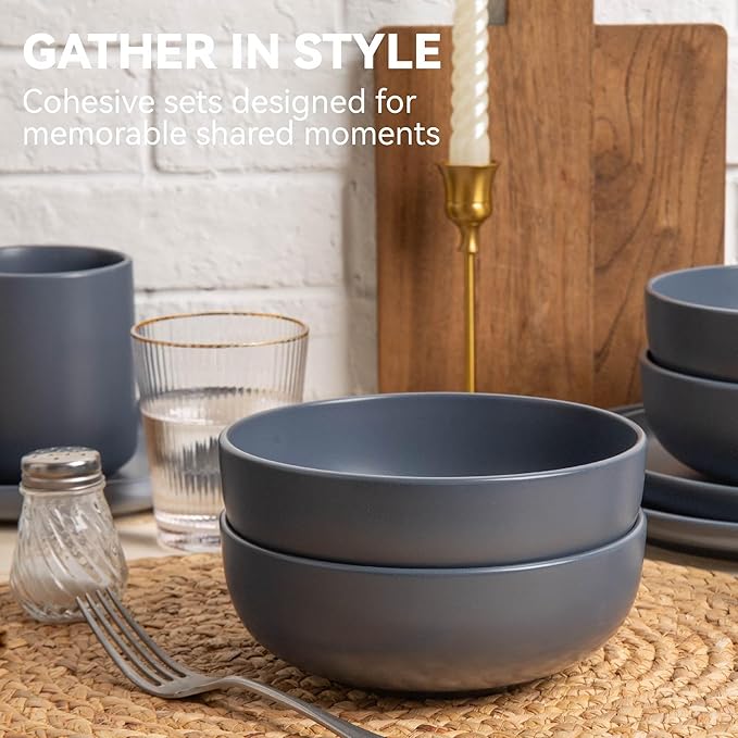 12-Piece Stoneware Dinnerware Set with Mugs | Microwave and Dishwasher Friendly | Stackable Matte Glaze Plates & Bowls | Service for 3 (Blue for 4)