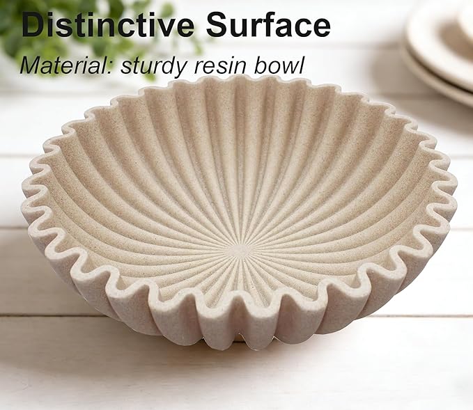 Large Modern Decorative Bowl, Fruit Bowl for counter, Modern Home Decor, Ruffle Bowl for Kitchen Counter Coffee Table, Key Bowl for Entryway Table, 10", Beige