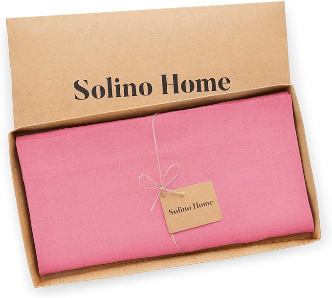 Solino Home Linen Tablecloth 52 x 52 Inch - 100% Pure Linen Pink Carnation Square Tablecloth - Fete, Machine Washable Table Throw for Valentines, Spring, Easter