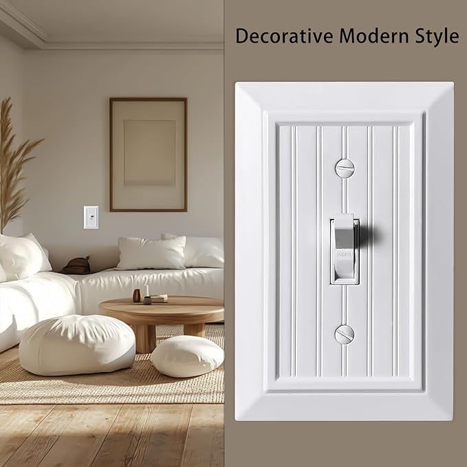 Beadboard Outlet Covers Wall Plates, Bamboo Fiber Light Switch Covers, Natural Material Electric Receptacle Decorative Switch Plate Outlet Cover (Pure White, 1 Gang Toggle 4 Pack)