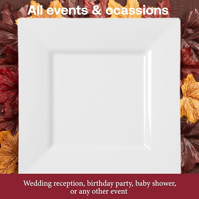Smarty Had A Party 120 Elegant Disposable Plastic Dinnerware, 10.25" Heavy Duty Fancy Square White Plates for Parties and Events, Durable Supplies for All Occasions