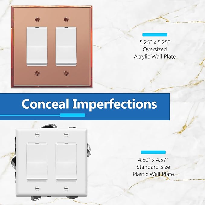 LIDER Double Decorator Wall Plate, Impact Resistant, Mirrored, Plexiglass Dual Outlet Cover or Light Switch Cover, Acrylic, Reflective Finish, Modern, Oversized 2-Gang 5.25" x 5.25", Rose Gold, 5 Pack