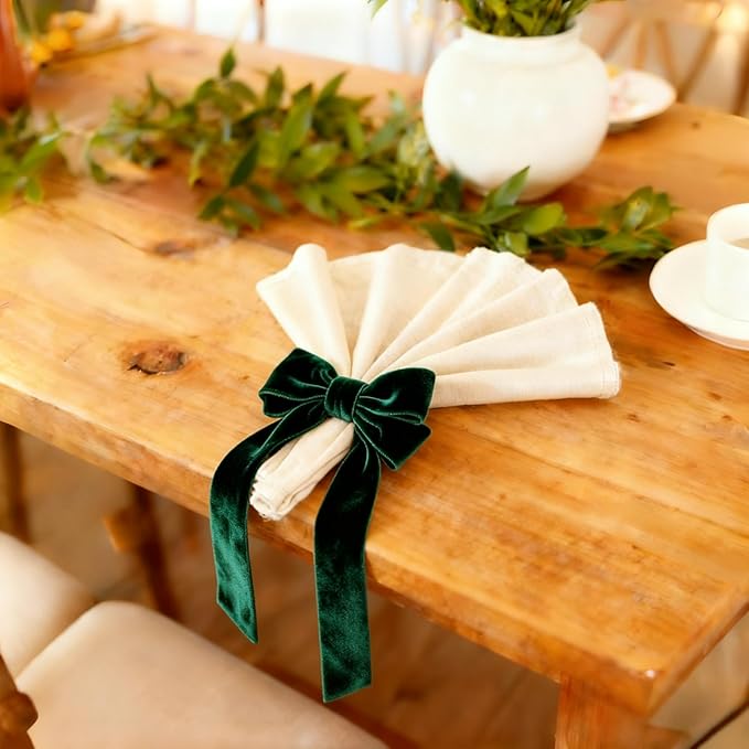 Dark Green Velvet Bow Napkin Rings Set of 12 - Luxury Soft Velvet Napkin Holders, Elegant Bow Design for Christmas Holiday Dinner Wedding Party Table Decor