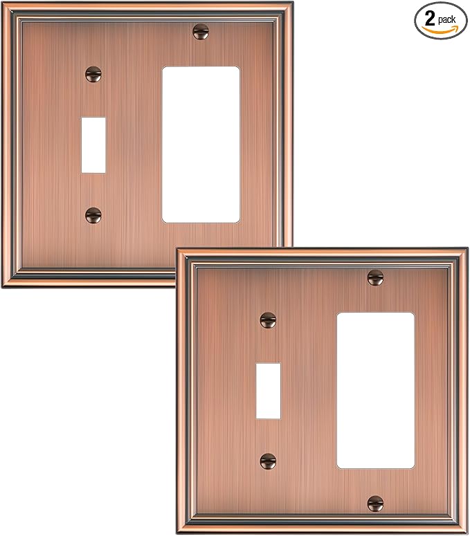 2-Pack Combo Toggle/Decorator Light Switch Cover Plate, Antique Copper Decorative Electrical Outlet Covers, Durable Solid Zinc Alloy Wall Switch Plates and Outlet Covers