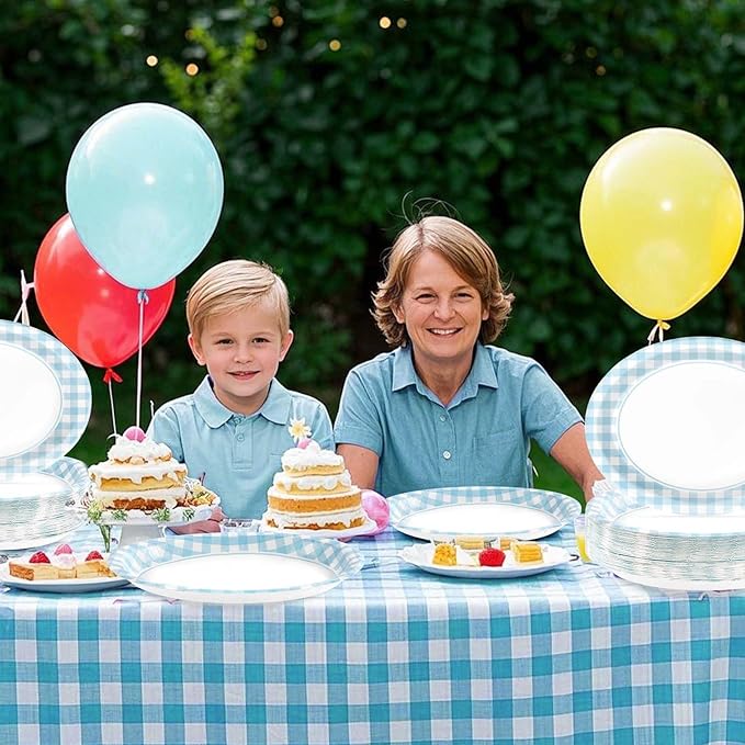 50PCS Light Blue Gingham Paper Oval Plates 10" X 12" Disposable Light Blue and White Gingham Party Plates Disposable Heavy Duty Checkered Plaid Dinnerware for BBQ Gathering Picnic Baby Shower Birthday