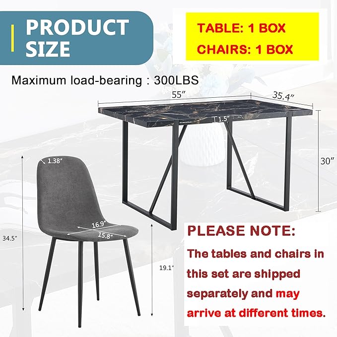 Dining Table Set for 4,Modern Rectangle Dining Table and Fabric Dining Chairs 4, 5 Piece Kitchen Table and Chairs for 4
