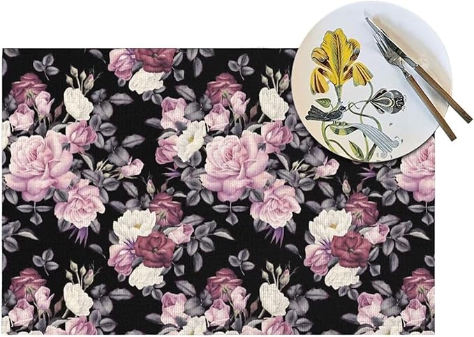 Vintage Floral Placemats Set of 6 Pink Rose Peony Flower Blossom Black Wipeable Table Mats Reusable Washable PVC Rectangle Place Mats for Kitchen Dining Home Decor 12x18 Inches