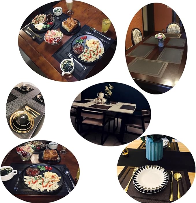 Placemats Vinyl Washable for Dinner Table Stain Insulation Easy to Clean Table Mats Set of 6 (Gold+Black)