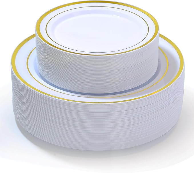 100 PCS Gold Plastic Plates, White and Gold Plastic Plates Include 50 Dinner Plate and 50 Dessert Plate Perfect for Holiday, Party & Wedding