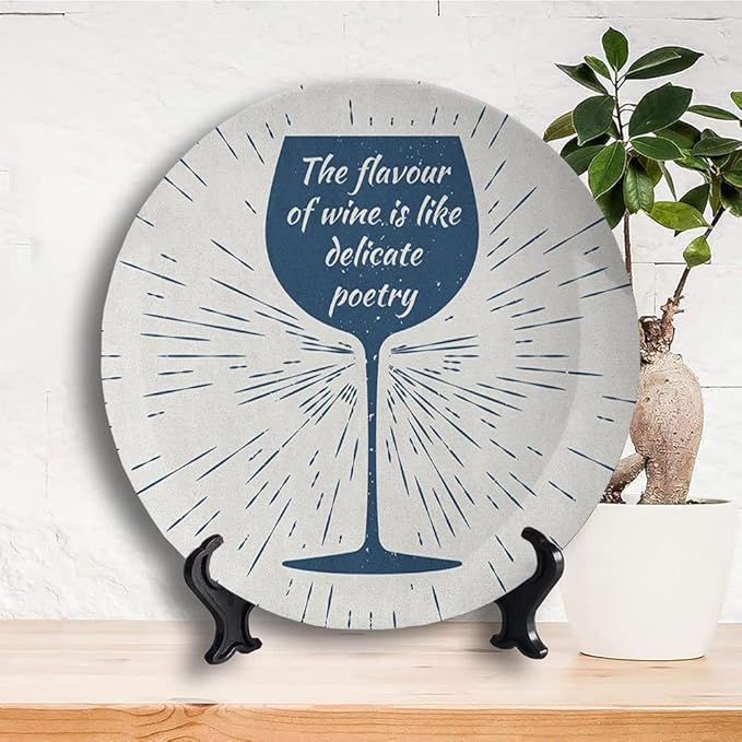 Ceramic Plates, Wine Decorative Ceramic Plates, Wine Glass and Vintage Sun Burst Frame, 8 Inch, Household Plates Decorative, Night Blue White