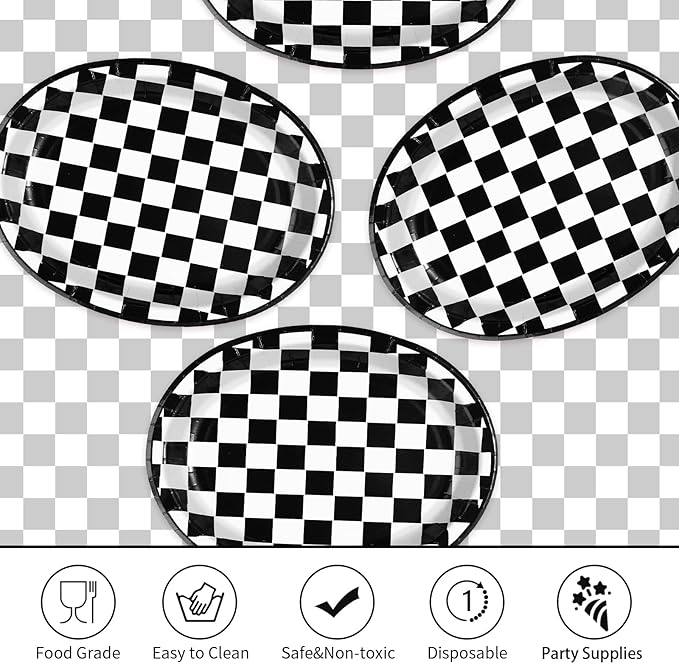 Grencian 50Pcs Black & White Gingham Oval Paper Plates Checkered Party Plates 10" X 12" Disposable 400GSM Race Car Dessert Dinnerware for Racing Car Party Supplies Birthday Baby Shower Decorations