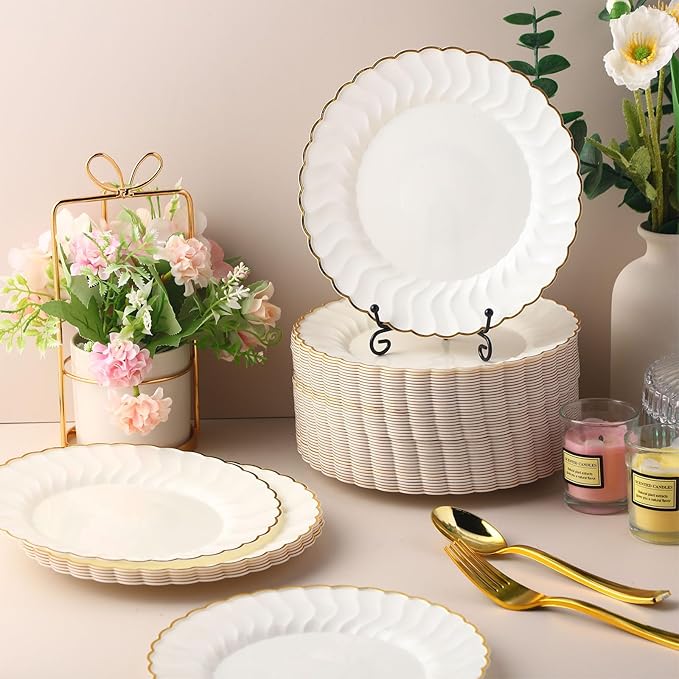 Mifoci 150 Pcs 7.5 Inch Ivory with Gold Rim Plastic Disposable Plates Bulk Salad Dessert Appetizer Cake Plates Elegant Fancy Plastic Tableware for Party Holiday, Wedding, Catering Table Decoration