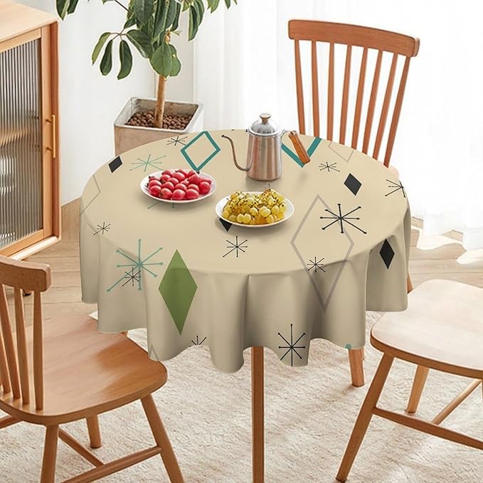 Colorful Middle Century Round Tablecloth, Vintage Bohemian Mid Century Modern Retro Print Tablecloth for Home Party Dining Room Kitchen Decor 36Inch(90cm)