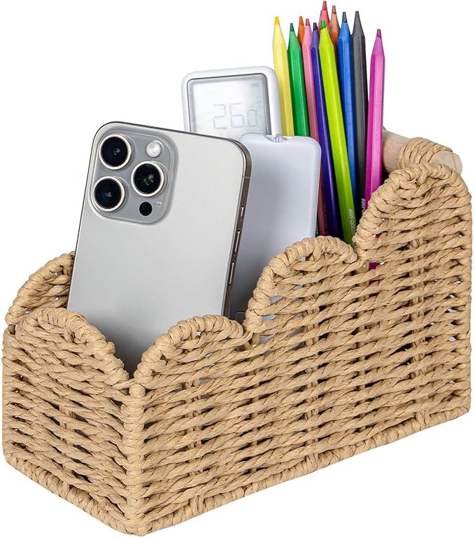 CubesLand Bedside Table Desk Organizer Caddy, Remote Pen&Pencil Holder Cup, Makeup Brush Holder w/Scalloped Perfect for Home, Office Desk, Living Room Table Decor, 3 Slots Beige