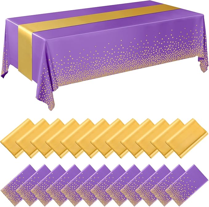 Breling 24 Pack Purple and Gold Disposable Plastic Tablecloths and Satin Table Runner Set, 54 x 108 Inch Tablecloth, 12 x 108 Inch Table Runners for Wedding Graduation Birthday Baby Shower