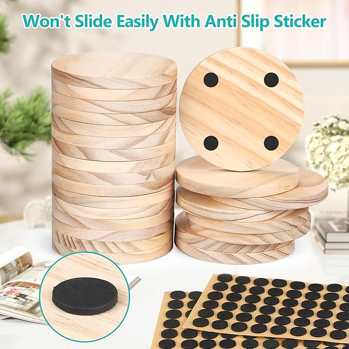 Adrattnay 96Pcs Unfinished Wood Coasters, 4" Round, Beige Pine Wood Drink Coasters with Non-Slip Dot for Tabletop Protection