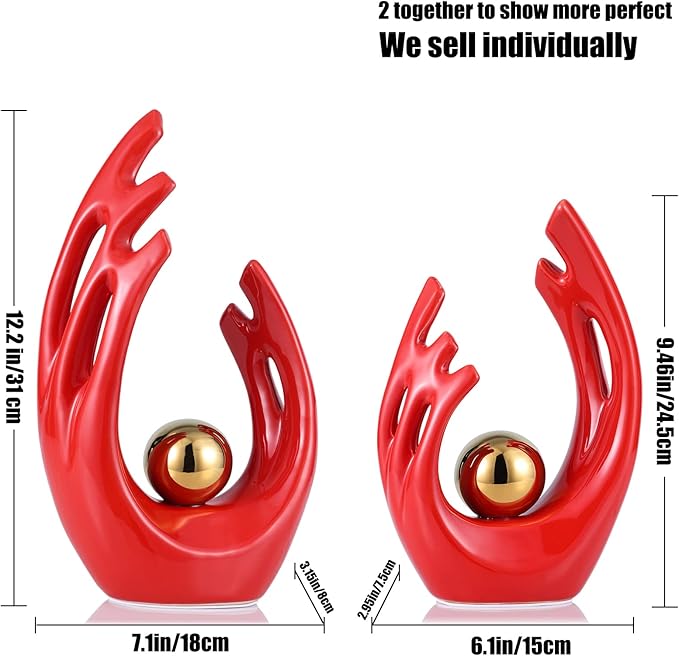 LCCCK 12" H Red Gold Aesthetic Room Decor Accent, TV Stand Funky Table Centerpiece, Abstract Art Ceramic Statue and Sculpture, Red Decor for Living Room, Bookshelf Decorative Objects, Shelf Decor