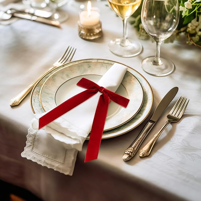 Riceshoot Velvet Bow Napkin Rings Bows with Gold Semicircle Metal Napkin Ring Velvet Bow Holder for Wine Bottles Table Settings Candlestick Wedding Valentine's Day Dinner(Claret Red,6 Pcs)